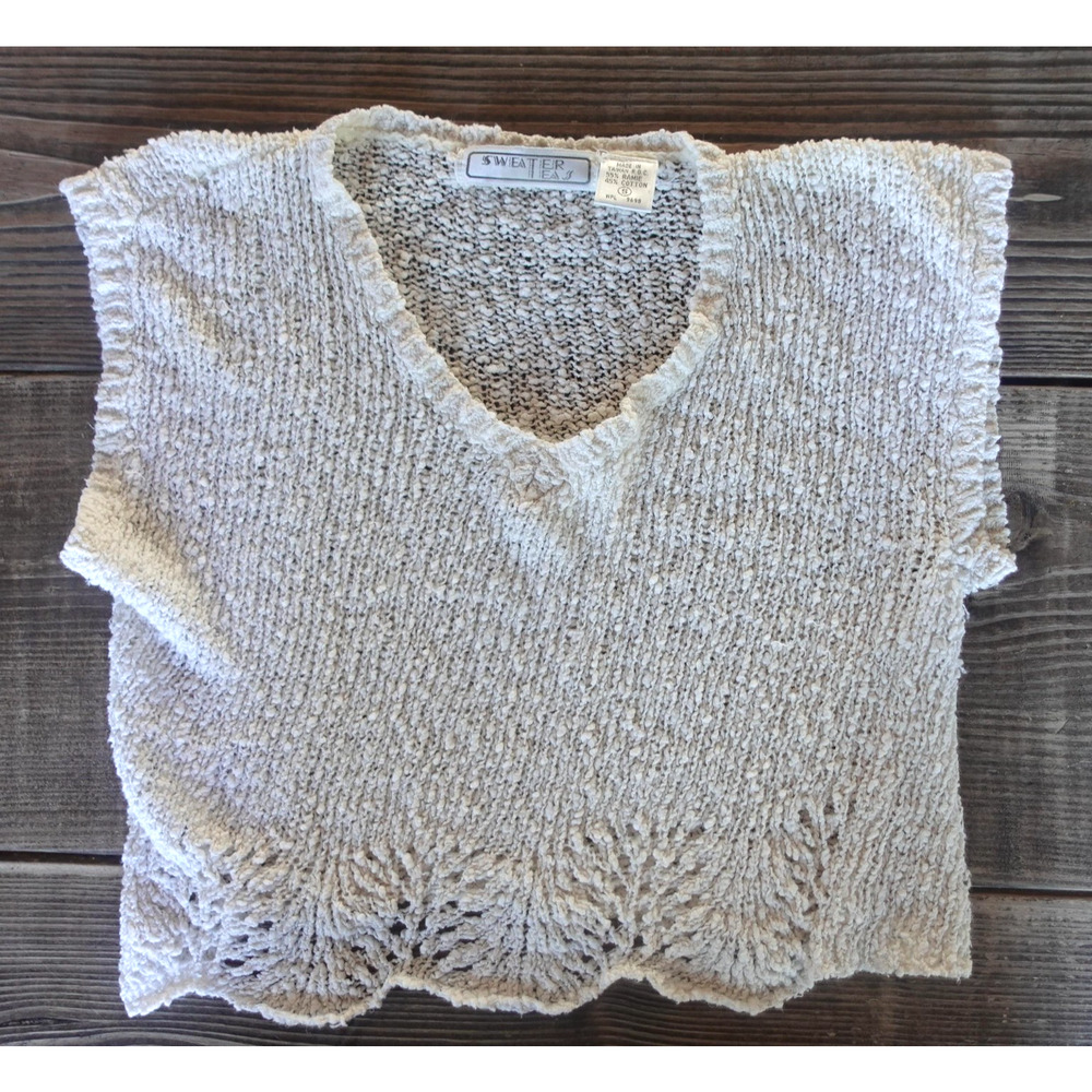 Vintage 90s Sweater Womens Small Cream Knit Ramie Scallop Hem Textured Boxy Top